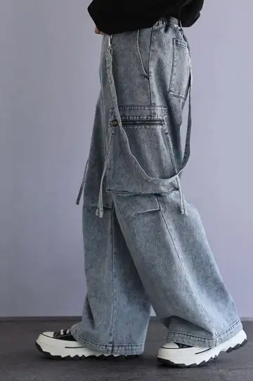 LILL 서스펜더 데님 카고 팬츠 블루 L