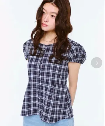 fekete 퍼프 슬리브 체크 블라우스