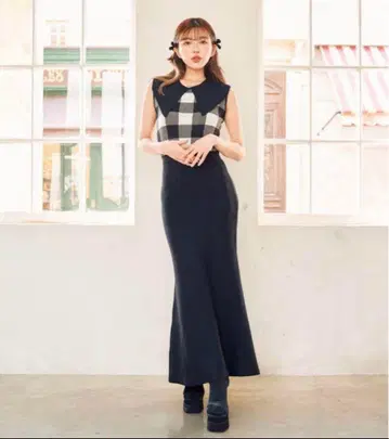 Darich 다리치 빅칼라 깅엄 체크 니트 롱 원피스