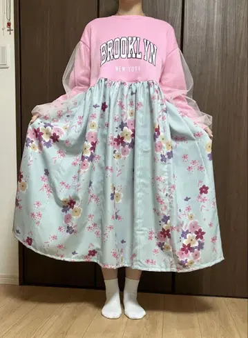 꽃무늬 롱 원피스 튤 소매 도킹 원피스