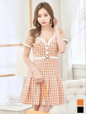 JEWELS 체크 트위드 플리츠 스커트 드레스 M 사이즈 오렌지