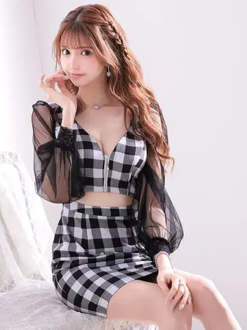 Jewels 캬바쿠라 원피스 깅엄 체크 타이트 긴팔
