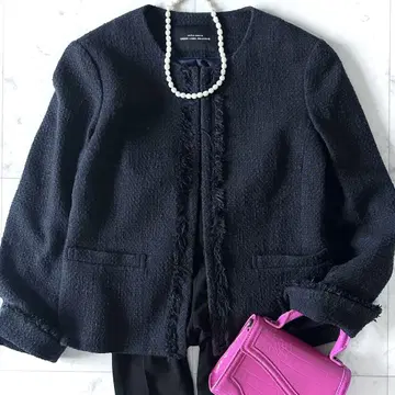 새상품급 그린 라벨 릴랙싱 라메 트위드 프린지 노카라 자켓