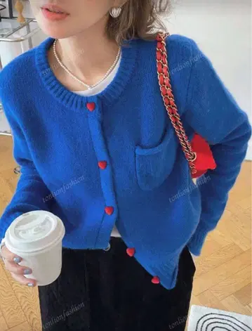 하트 버튼 파랑 가디건 한국 스웨터 가디건 가을/겨울 블루
