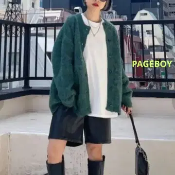 PAGEBOY 샤기 크루 가디건 딥 그린 F