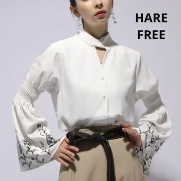 HARE 화이트 쉬폰 블라우스 플레어 슬리브 자수 2way FREE