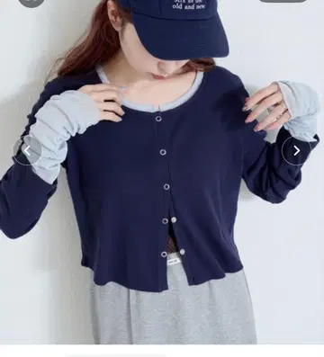 Kastane 네이비 긴팔 가디건 소매 튤 골지 가디건