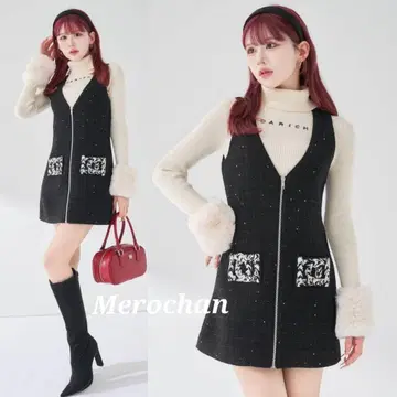 다리치 프론트 지퍼 트위드 미니 원피스 블랙