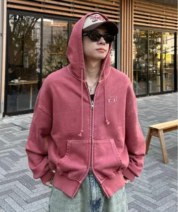 ADAMASTE 아다마스트 레드 피그먼트 더블 지퍼 후디 [짧은 기장]