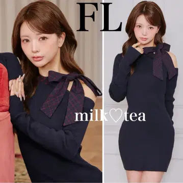 택 포함 새상품 다리치 체크 리본 원숄더 니트 미니 원피스 FL