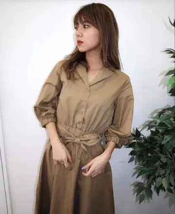 emoda 허리 리본 포함 셔츠 원피스 긴팔 A라인
