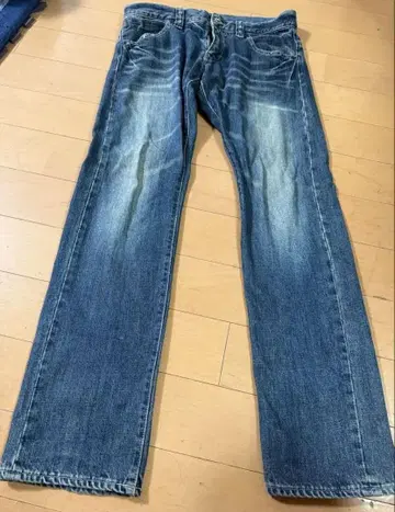 beams 블루 데님 스트레이트 팬츠 데미지 진