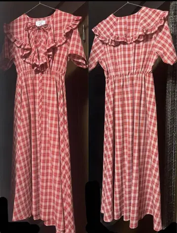 jouetie 빨간색 체크 반팔 프릴 롱 원피스 셔츠 원피스