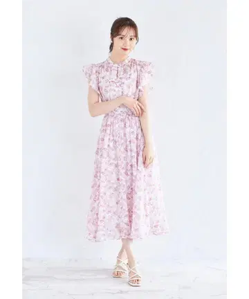 꽃무늬 프릴 소매 롱 원피스