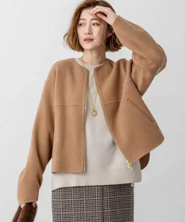 울 리버 노카라 숏코트 카멜