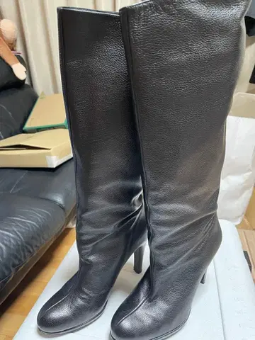 블랙 가죽 하이힐 롱 부츠