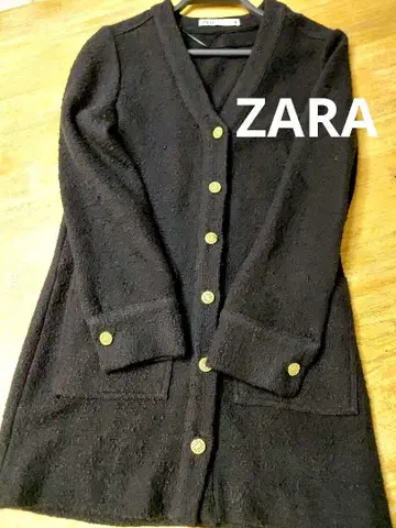 ZARA 자라 롱 가디건 트위드풍 골드 버튼 코튼 블랙 M