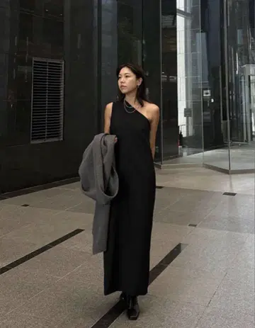 [ etre tokyo ] 원 숄더 I 라인 원피스 드레스 블랙 포멀