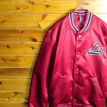 바시티 자켓 점퍼 빨간색 M La Brea 광택 새틴 자수