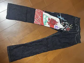 일본풍 자수 다크 데님 스트레이트 팬츠