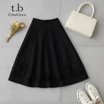 t.b 블랙 플레어 스커트 폼폼 장식 울 모헤어 38