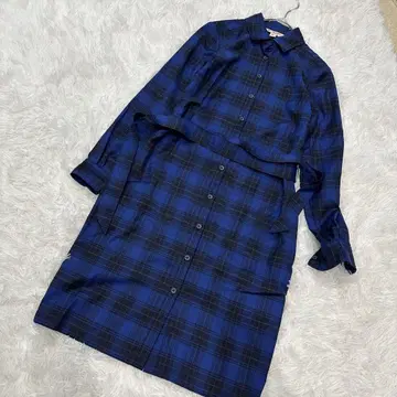브룩스브라더스 파랑과 블랙 체크 무늬 셔츠 원피스 허리 리본 울