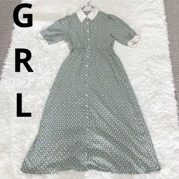 GRL 그레일(L) 롱 원피스 반팔 올 패턴 A라인 얇은 소재 그린