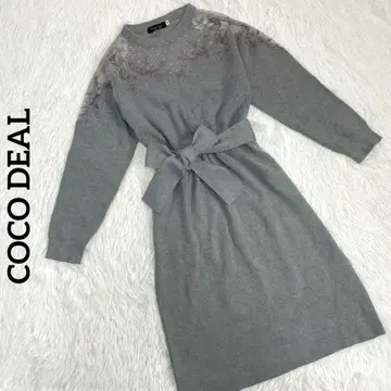 코코딜 자수 레이스 니트 원피스 긴팔 벨트 포함
