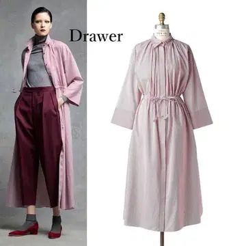 드로어 Drawer 코튼 원피스 빨간색 스트라이프 스트라이프 개더