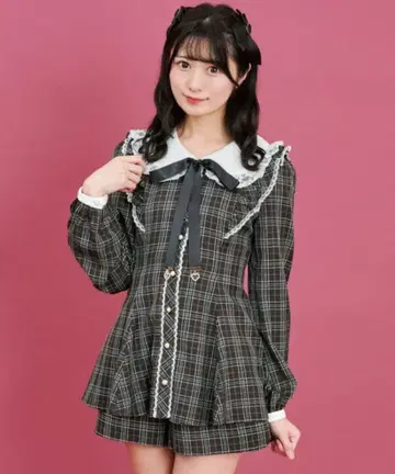 시크릿 허니 레이스 옷깃 체크 무늬 셋업