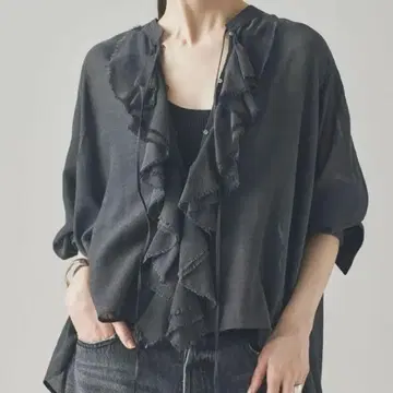 2025AW 캘런솔로지 울 믹스 보일 프릴 블라우스 그레이