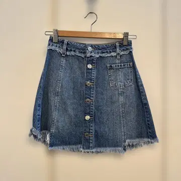 guess 데님 미니 스커트 버튼 프론트 프린지 헴