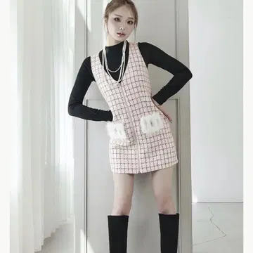프론트 지퍼 트위드 미니 원피스 핑크