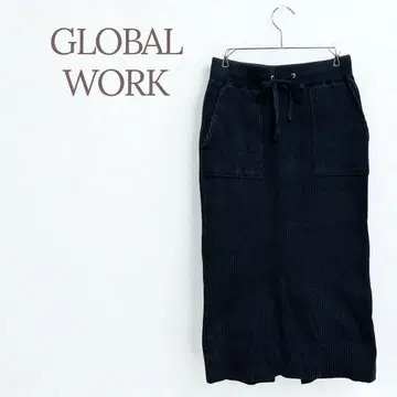 글로벌 워크 리브 니트 롱 스커트 블랙 슬릿 성숙/러블리 면 혼방