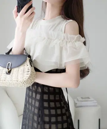 mily bilet 튤 프릴 도킹 슬리브리스 원피스 아이보리