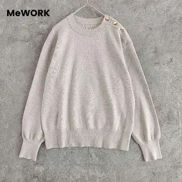MeWORK 울 혼방 니트 골드 버튼 그레이 긴팔 무지 M
