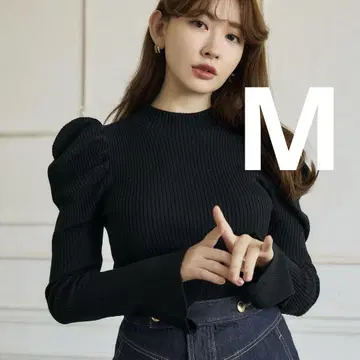 Volume Sleeve Rib Knit Top M black