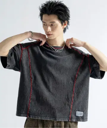 [ PLAN To ] 빈티지 라이크 케미컬 워시 컬러 스티치 T셔츠