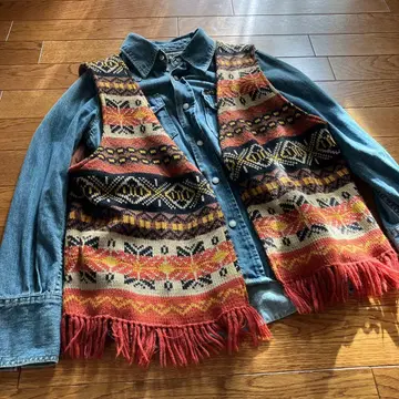 레어! 니트 베스트 에스닉 프린지 vintage