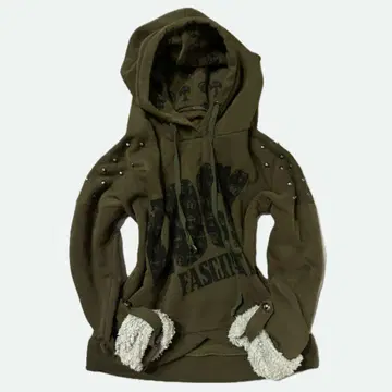 그런지 y2k 스터드 퍼 후드 부착 풀오버 후드티 카키