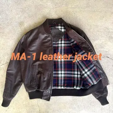 90s 크롭 기장 천연 가죽 자켓 MA-1형 브라운 체크 무늬 구제 의류