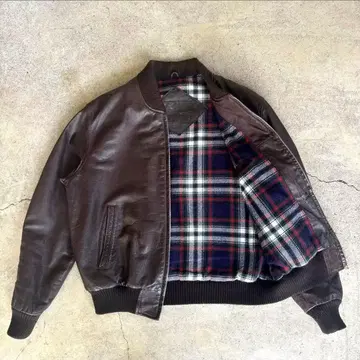 90s 크롭 기장 천연 가죽 자켓 MA-1형 브라운 체크 무늬 구제 의류