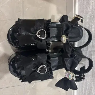 지뢰 블랙 펌프스 통굽 로퍼 신발 리본 포함
