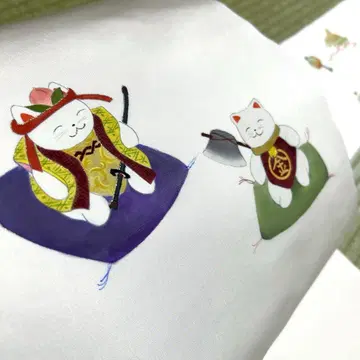 순수 실크 나고야 오비 [시오제] [아이보리색 고양이 보물 무늬]