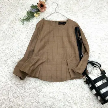 나노 유니버스 9부 소매 브라운 체크 페플럼 뒷지퍼 깔끔한 프리