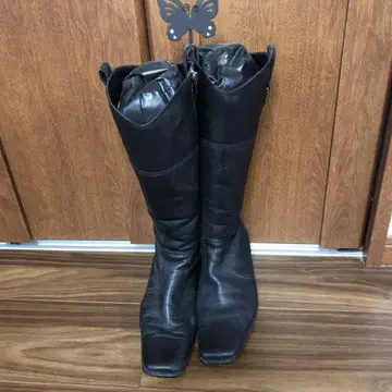 zing 블랙 가죽 롱 부츠 중간 힐 (24cm)