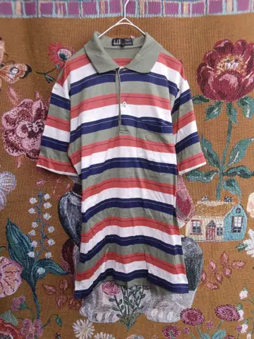 피케 셔츠 보더 구제 의류 38 size S 상당 그린 화이트 오렌지