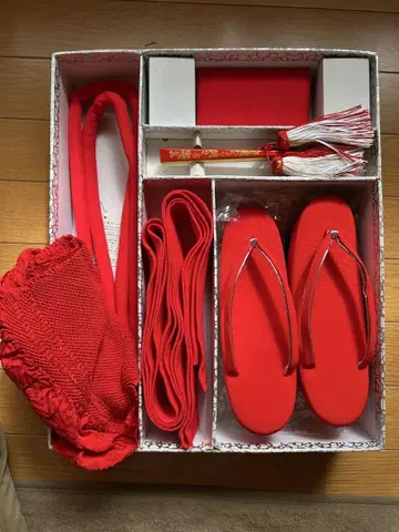 앤티크 빨간색 조리와 오비 일본 정통의상 소품 세트