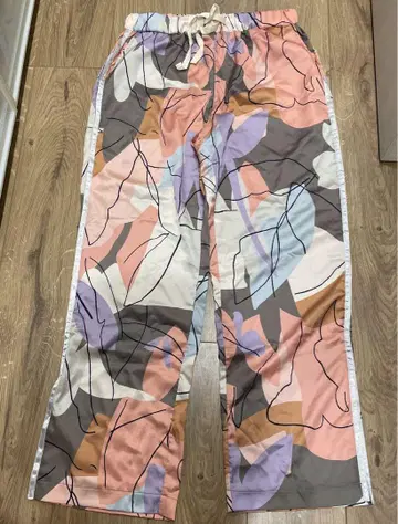프린트 팬츠 릴랙스 와이드 패턴 기하학 패턴 오렌지 아이보리