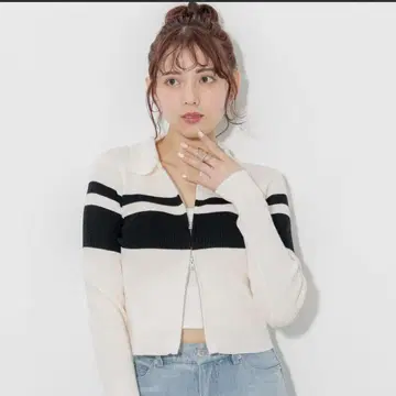 INGNI 카라 부착 프론트 지퍼 라인 니트 가디건 화이트 x 블랙